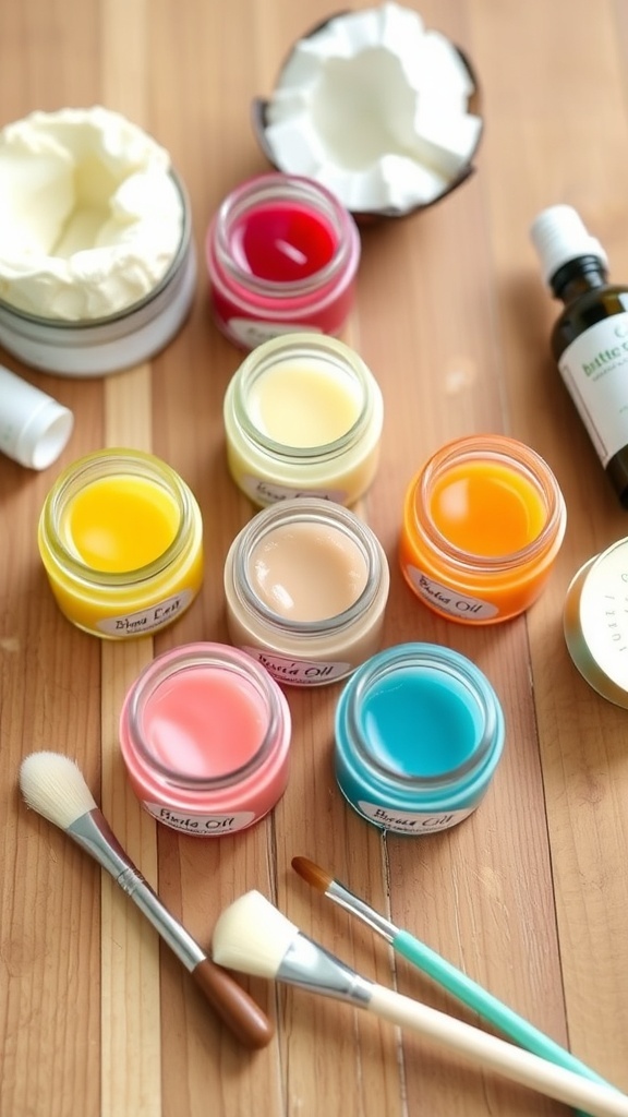 Small jars of homemade butter gloss with natural ingredients on a wooden surface.